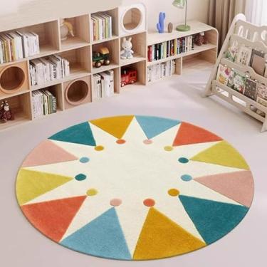 Imagem de Poowe Tapete infantil redondo colorido 120 cm, lavável à máquina para sala de jogos, tapetes circulares antiderrapantes para sala de aula, tapete circular macio para crianças, berçário, quarto,