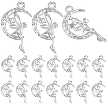 Imagem de 60 pingentes de fada na lua, pingentes de liga de anjo da guarda, pingentes em forma de fada para brincos faça-você-mesmo, joias, lembrancinhas de festa de aniversário, prata brilhante, prata, liga,