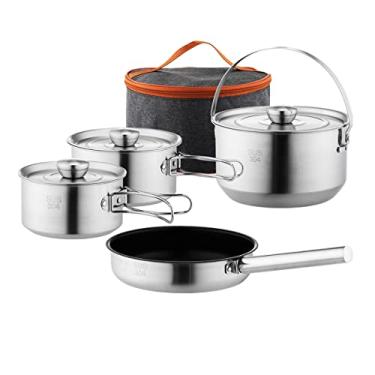 Imagem de Conjunto de utensílios de cozinha para acampamento, conjunto de cozinha para acampamento, conjunto de panelas e frigideiras de aço inoxidável 304 para acampamento, equipamento de cozinha para fogueira