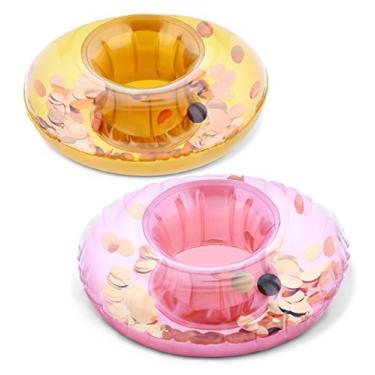 Imagem de CoTa Global Suporte inflável para bebidas (conjunto de 2 peças) Flutuação de vinil resistente para praia, festa, férias, piscina - resistente a UV - Festa na piscina (ouro rosa e dourado)