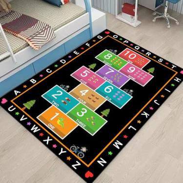 Imagem de YLZLDKH Hopscotch Tapete para crianças, tapete educativo com número do alfabeto ABC, tapete de jogo de contagem infantil para sala de jogos, sala de aula, quarto e berçário (preto, 79 x 119 cm)