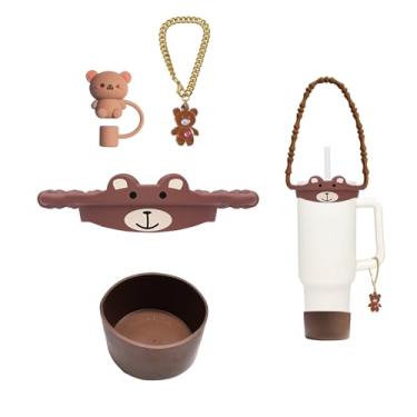 Imagem de Conjunto de 5 peças de acessórios para copo Stanley Cup de 850 g e copo de 1,134 g com alça, incluindo alça de silicone para garrafa de água, tampa de palha de animal fofo, bota inferior, berloques