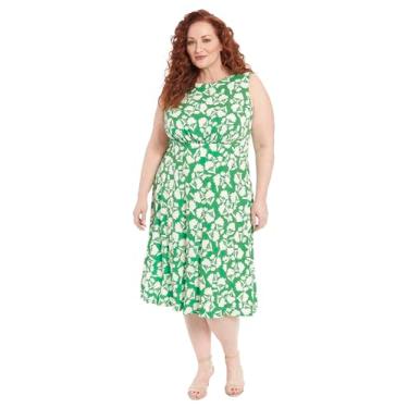 Imagem de London Times Vestido feminino sem mangas com cintura inserida midi e flare, Verde Kelly/Marfim, 25 Plus Size
