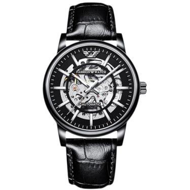 Imagem de RORIOS Relógio automático moderno masculino mecânico minimalista relógio de pulso automático relógio de pulso luminoso esqueleto com pulseira de couro para homens preto B, Preto, B, L, Relógio casual