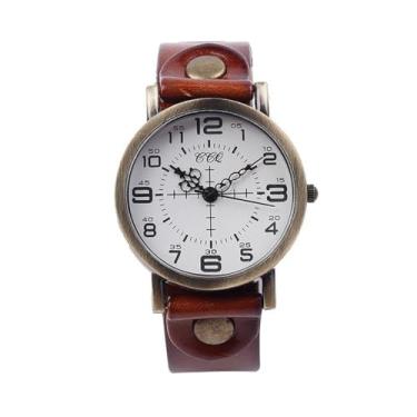 Imagem de MINILUJIA Relógios femininos feitos à mão, vintage, punk, hip-hop, gótico, couro macio, relógio de pulso feminino, mostrador redondo, bronze, quartzo, Marrom, punk vintage