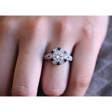 Imagem de XIALV Círculo vintage zircônia cúbica e topázio azul anel feminino aniversário declaração de compromisso joia presente (código dos EUA 9)