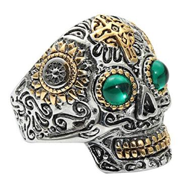 Imagem de INRENG Anel masculino de aço inoxidável prata dourado gótico crânio cruz verde olho vintage flor esculpida Halloween, Metal, Zircônia cúbica,