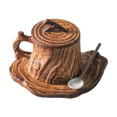 Imagem de Ioensy Copo de café da manhã de caneca de café cerâmica, 225 ml, drinkware cappuccino xícara de novidade rústica única para chá de café, com Colher de Tampa