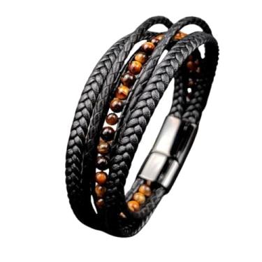 Imagem de Pulseira Masculina "Powerful" Couro PU com Cristais Olho de Tigre e Lápis-Lazúli 20,5cm – Estilo, Proteção & Equilíbrio