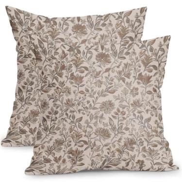 Imagem de Conjunto de 2 capas de almofada floral vintage 45,7 x 45,7 cm com estampa de bloco de flores antigas laranja queimado cinza antigo capas de almofada quadrada neutra tradicional decoração para sofá