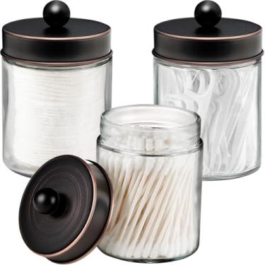 Imagem de Potes de boticário organizador de banheiro – suporte Qtip organizador de armazenamento de bancada – tampas de aço inoxidável e adesivos fofos para Qtips, cotonetes de algodão, esponjas de maquiagem