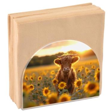 Imagem de Suporte de guardanapo de girassóis Highland Cows para mesa, suporte de guardanapo de papel acrílico, dispensador de papel de seda de cozinha suporte de guardanapo de coquetel para mesa de jantar,