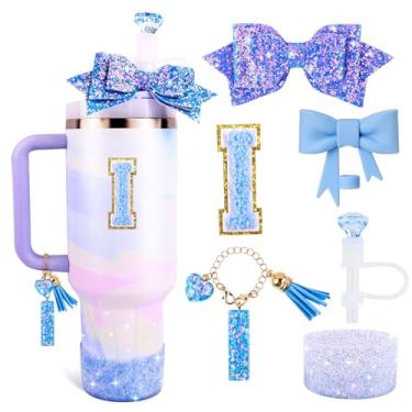 Imagem de Lingdeer Conjunto de acessórios de copo azul para Stanley 850 g e copo de 1,134 g com alça, pingentes de letras, capas de canudo de arco e diamante, bota de silicone com glitter, adesivo personalizado