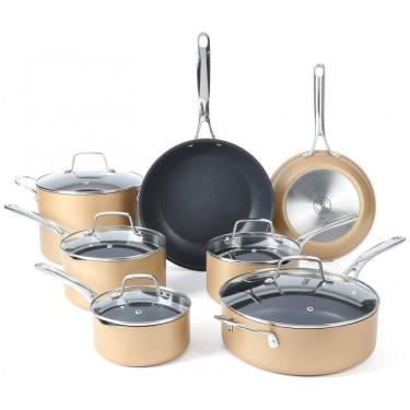 Imagem de Conjunto de Panelas e Frigideiras Antiaderentes em Alumínio, 12 Peças, MARTHA STEWART, Dourada