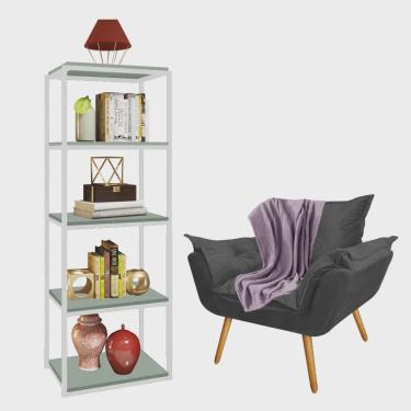 Imagem de Kit Poltrona Fatte com Manta Soft Lilás e Estante Livreiro Ferro Branco mdf Verde Oliva Suede Cinza - Ahz Móveis