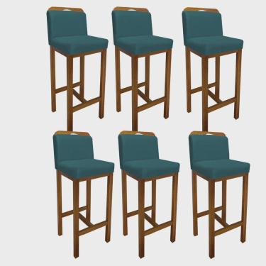 Imagem de Kit 06 Banqueta Alta Com Encosto Zion Cozinha Balcão Bistrô Base Madeira Castanho Suede Azul Turquesa - Ahz Móveis