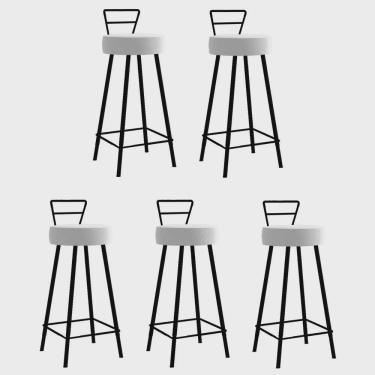 Imagem de Kit 05 Banqueta Alta Com Encosto Tina Eiffel Cozinha Bar Bistrô Ferro Preto Suede Branco - Ahz Móveis