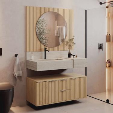 Imagem de Conjunto para Banheiro Bancada em Porcelanato com Cuba Esculpida, Armário e Espelho Ripy 100cm