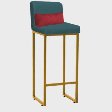 Imagem de Banqueta Alta com Encosto Lucca Industrial Cozinha Balcão Ferro Dourado Suede Azul Turquesa e Almofada Vermelho- Ahz Móveis