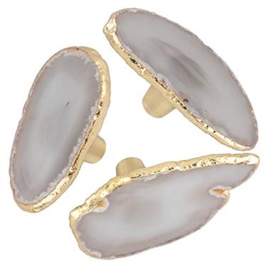 Imagem de Rockcloud Pacote com 4 puxadores decorativos de gaveta de fatia de ágata com parafusos, alças de armário de ágatas de forma irregular com borda banhada a ouro, cinza