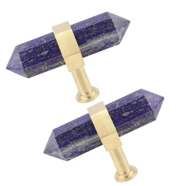 Imagem de TUMBEELLUWA Pacote com 2 puxadores de armário de pontos de cristal lápis-lazúli com parafusos, puxadores de prismas hexagonais de pedra de cristal de latão escovado para cozinha e decoração de casa
