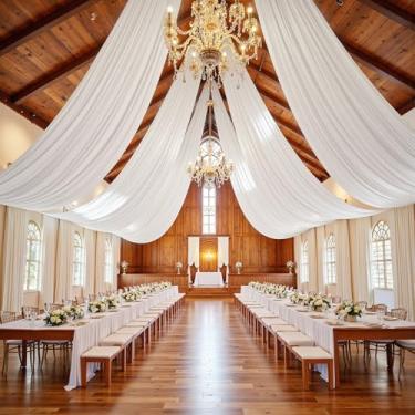 Imagem de PartyVillage 4 painéis cortinas de teto brancas de 1,5 m x 9 m para festas de casamento – 7,5 m de poliéster grosso extra longo sem rugas para decoração de barraca para festa de aniversário, cerimônia