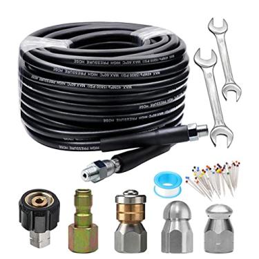 Imagem de Kit de jateador de esgoto 50/98FT 5800PSI com 1/10.2 cm NPT frontal/canto/rotatório bico jato de esgoto chave de fita pino desconexão plugue lavadora de pressão peças e acessórios 5800