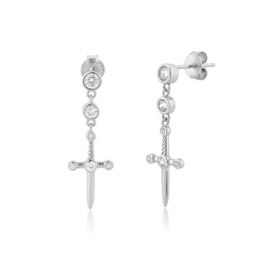 Imagem de Lansora Brincos pendentes de adaga de zircônia cúbica com espada e pino prateado para mulheres e homens, Cobre, Zircônia cúbica