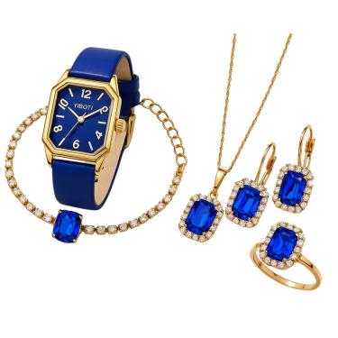 Imagem de Relógio Feminino Azul Alto Luxo + Colar Brinco Anel 