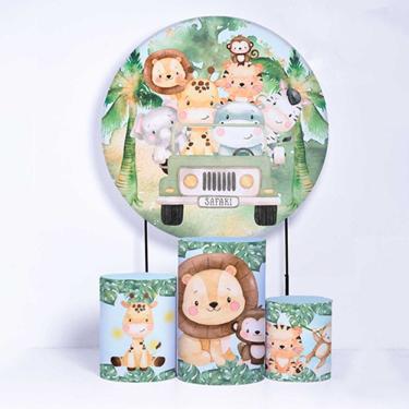 Imagem de Kit Painel de Festa Redondo de 1,30m e Trio de Cilindros Safari - Fera Print