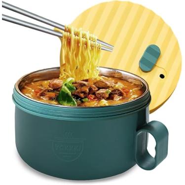 Imagem de Conjunto de tigelas de ramen para micro-ondas Panela de ramen com alças tigelas de macarrão com tampa e hashis forro de aço inoxidável lavável na lava-louças para escritório em casa dormitório da faculdade (amarelo e verde)
