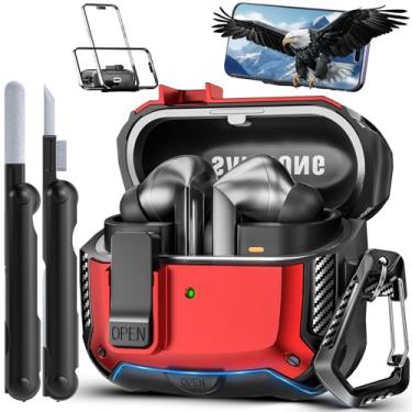 Imagem de MCTOPZO Com suporte de telefone para Samsung Galaxy Buds3 FE (2025)/Buds3 Pro (2024)/Buds 3 (2024), com clipe de bloqueio seguro e kit de limpeza, design de proteção de fibra de carbono à prova de