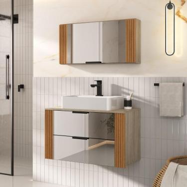 Imagem de Conjunto Gabinete Banheiro Taos 80cm RIPADO LUXO - MOVEIS JOIA, Madeir