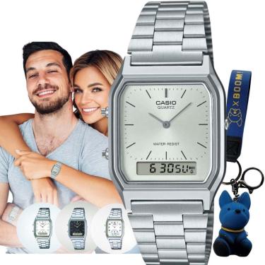 Imagem de Relógio Pulso Casio Unissex Vintage Feminino Masculino Pequeno Quadrado Digital Analógico Prova Dágua 3 ATM Prata AQ-230A + Chaveiro
