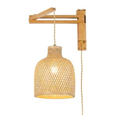 Imagem de Ahaloye Luminária De Parede Com Encaixe De Madeira, Luminária De Parede Com Braços Articulados Estilo Fazenda E Abajur De Bambu Trançado, Luminária De Parede Moderna De Meados Do Século Para Quarto