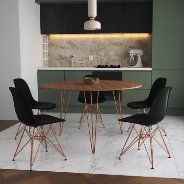 Imagem de Mesa Jantar Redonda 110Cm Amêndoa Clips 3 Pés Com 5 Cadeiras Pretas Base Cobre - Cor: Amendoa