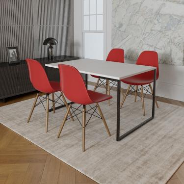 Imagem de Mesa Industrial Base De Ferro Preto 137X90 Tampo Branco 4 Cadeiras Eiffel Madeira Assento Vermelho