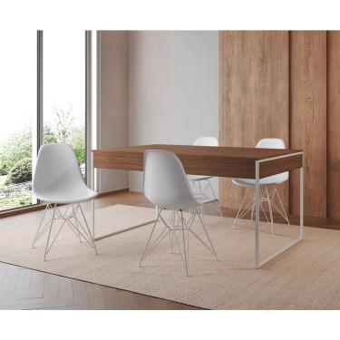 Imagem de Mesa Jantar Industrial Retangular Amêndoa 137X90Cm Com 4 Cadeiras Brancas Base Ferr Cor: Amendoa