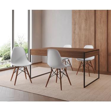 Imagem de Mesa Jantar Industrial Retangular Amêndoa 137X90Cm Base Ferro Preto C/4 Cadeiras Branca Amendoa
