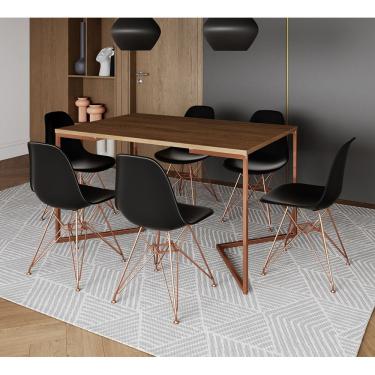 Imagem de Mesa Jantar Industrial Retangular 137X90Cm Amêndoa Base V C/6 Cadeiras Pretas Base Co Cor: Amendoa
