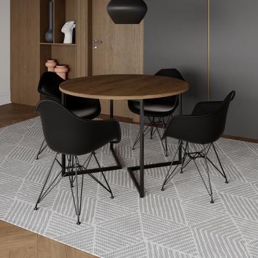 Imagem de Mesa Industrial Jantar Redonda 110Cm Amêndoa Base V Com 4 Poltronas Pretas Ferro Preto Amendoa