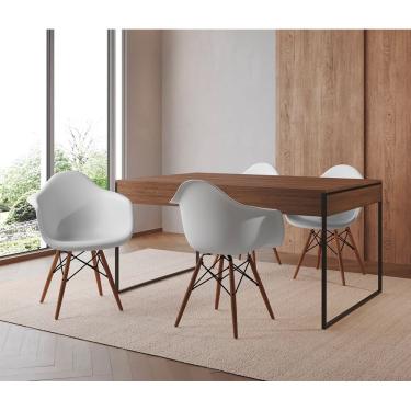 Imagem de Mesa Jantar Industrial Amêndoa 137X90Cm Base Ferro Preto Com 4 Poltronas Brancas Ei Cor: Amendoa