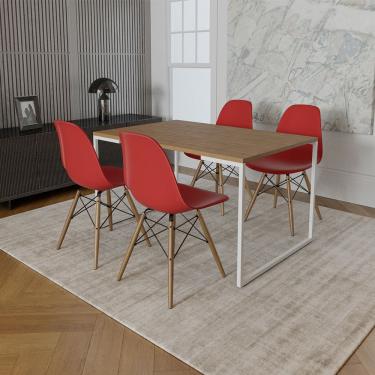 Imagem de Mesa Industrial Base Ferro Branco Tampo 137X90 Amêndoa 4 Cadeiras Madeira Assento Vermelho Marrom