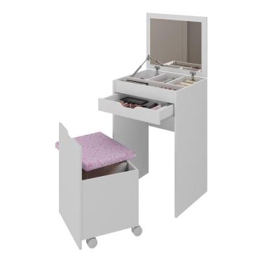 Imagem de Penteadeira 54cm Com Espelho 1 Gaveta 1 Porta Basculante E Puff Multimóveis CR35251 Branco/rosa
