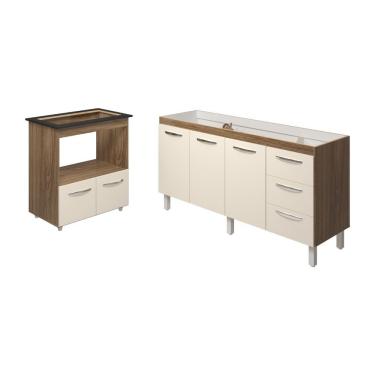 Imagem de Cozinha Balcão Armário Gabinete De Pia 150 Cm Deise E Balcão Evelyn Para Fogão Cooktop 5 Bocas Savana Off White