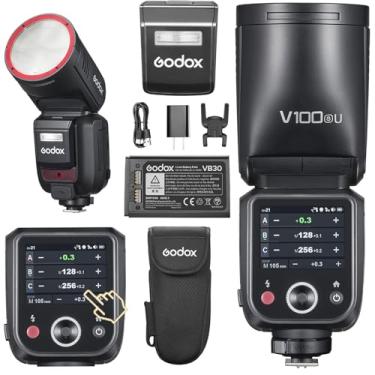 Imagem de Godox Flash V100S V100-S Versão EUA Cabeça Redonda Flash Touch Screen, 100Ws Global Shutter Flash Sync 1/80000, 1/8000 HSS, Bateria de Lítio Embutida, Lâmpada de Modelagem LED de 10 Níveis, para
