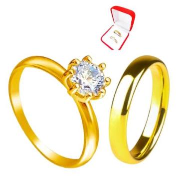 Imagem de Aliança Tradicional 4mm Banhada Ouro 18k + Solitario Dourado 2mm Anato