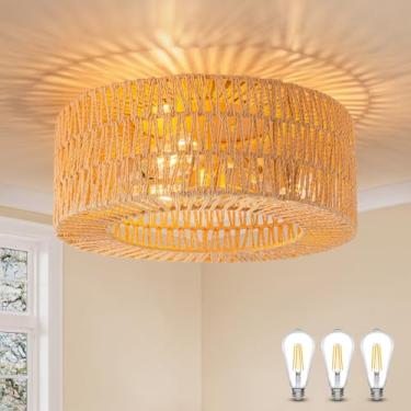 Imagem de SineRise Luminária De Teto Embutida (18 Polegadas, Lâmpada Led Incluída), Vime Boho Trançada À Mão, Lustre 3 Luzes Para Corredor, Cozinha, Hall Entrada, Sala Estar (Dourado)