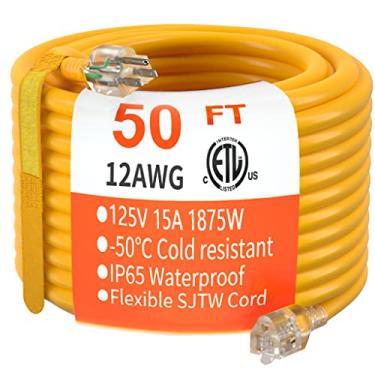 Imagem de huanchain Cabo De Extensão Externo Resistente, Calibre 12/3, 50 Pés, À Prova D'Água, Com Iluminação, Flexível, Para Clima Frio, 3 Pinos, 15A, 1875W, 125V, 12Awg Sjtw, Amarelo