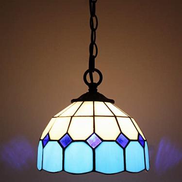 Imagem de SYETL Luminária Pendente Pequena Tiffany Com Vidro Colorido, Suspensa De 8" Altura Ajustável, Lustre Para Casa, Cozinha, Ilha, Sala Jantar, Corredor (Estilo Xadrez Branco, Azul)